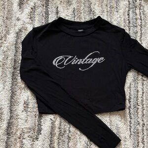 SHEIN Black Long-Sleeve Rhinestone Script Crop Top